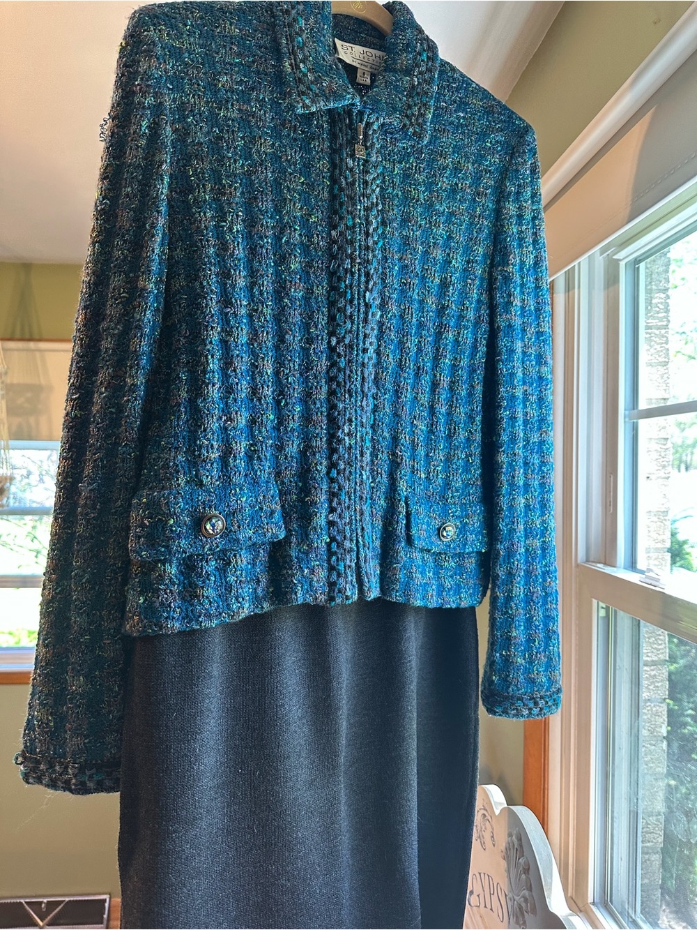 St. John Teal-Blue Tweed Zip Jacket - Picture 5 of 6